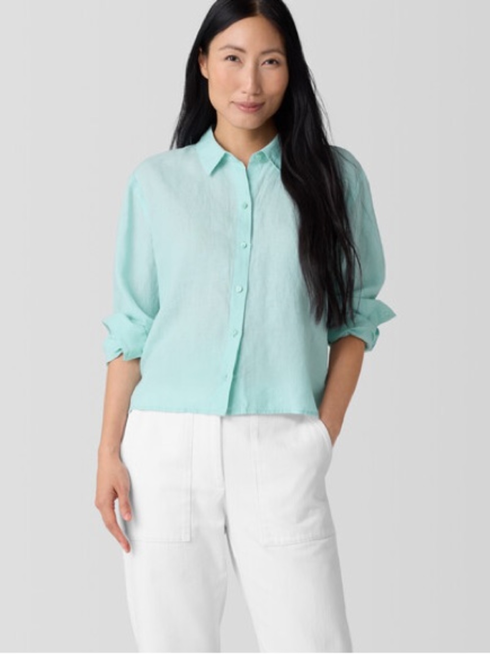 Eileen Fisher 100% Irish Linen Aqua Blue 3/4 Sleeves Blouse Top Shirt S Petite